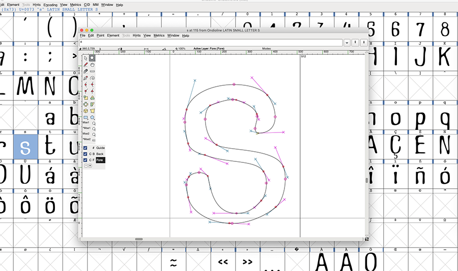 The character window of FontForge showing the letter s