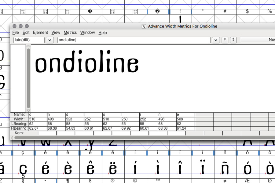 The metrics window of FontForge showing the word ondioline